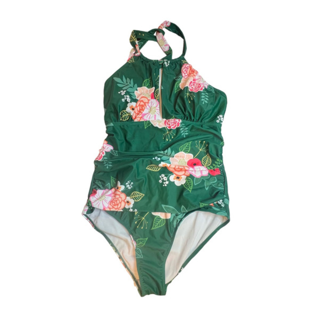 Womens Green Floral Halter One Piece Swimsuit XXL‎